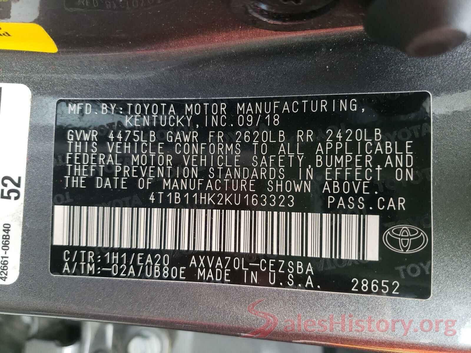 4T1B11HK2KU163323 2019 TOYOTA CAMRY