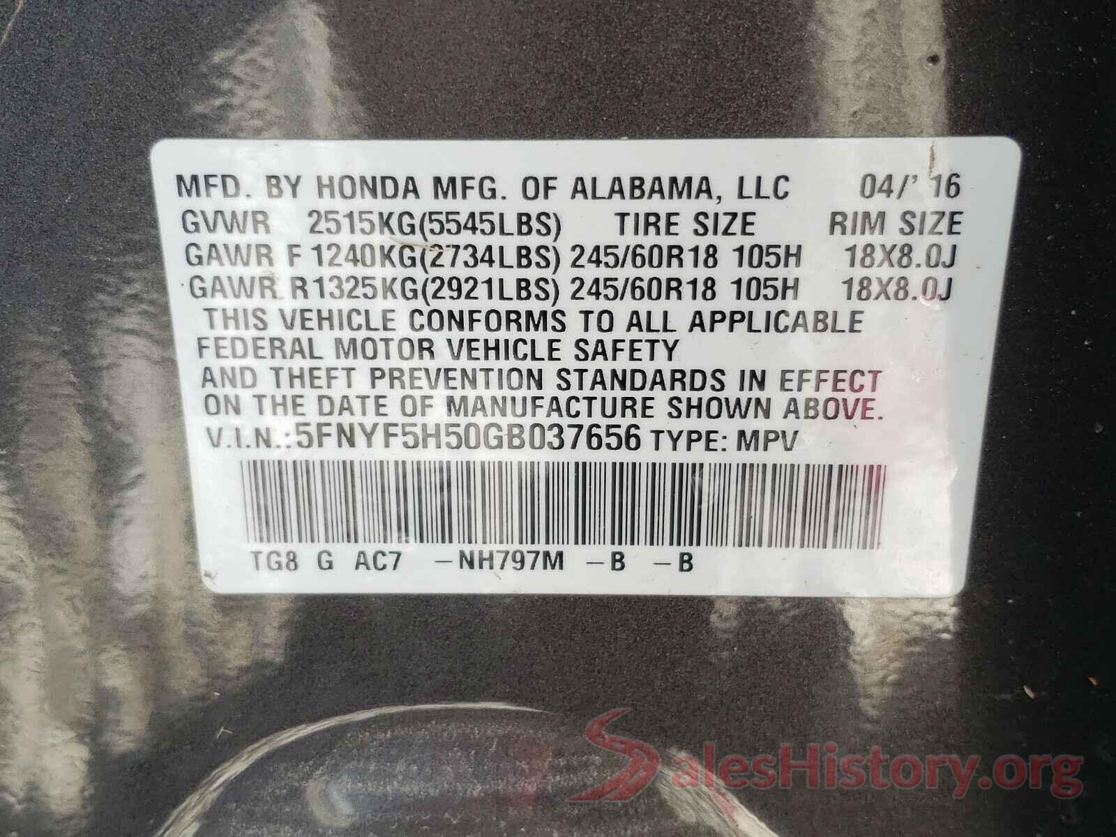 5FNYF5H50GB037656 2016 HONDA PILOT