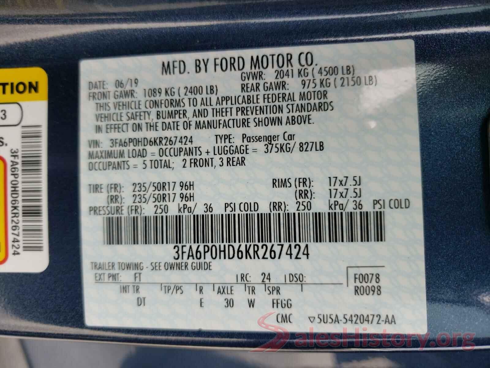 3FA6P0HD6KR267424 2019 FORD FUSION