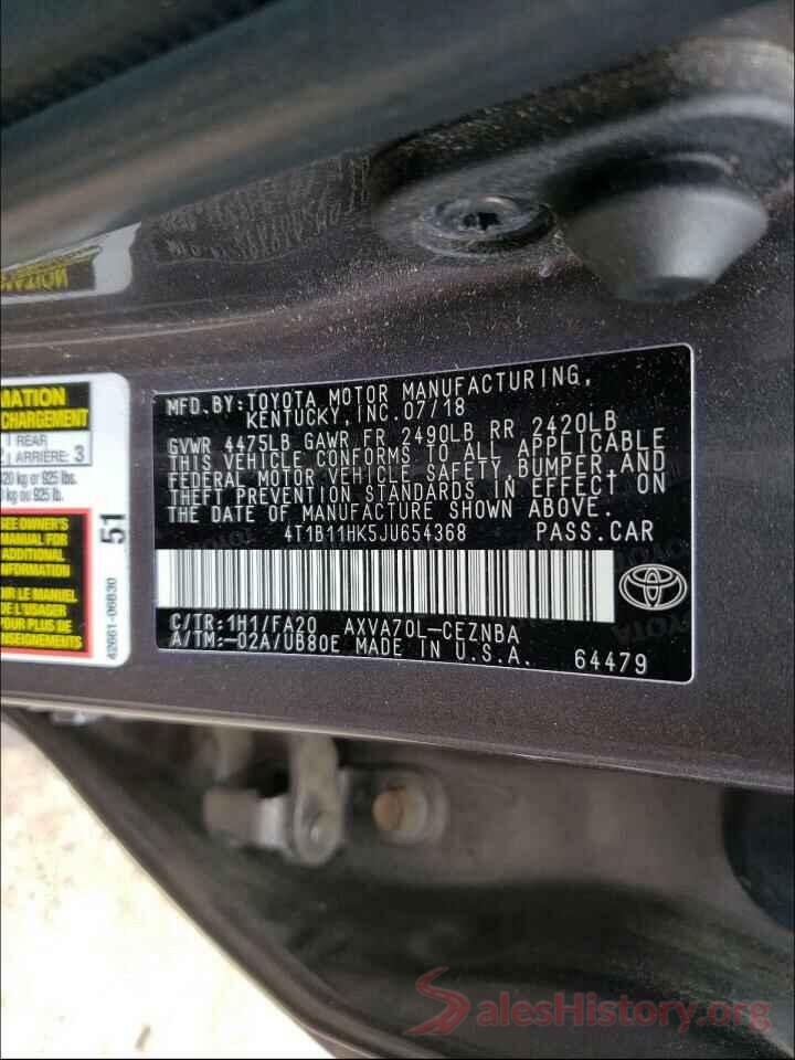 4T1B11HK5JU654368 2018 TOYOTA CAMRY