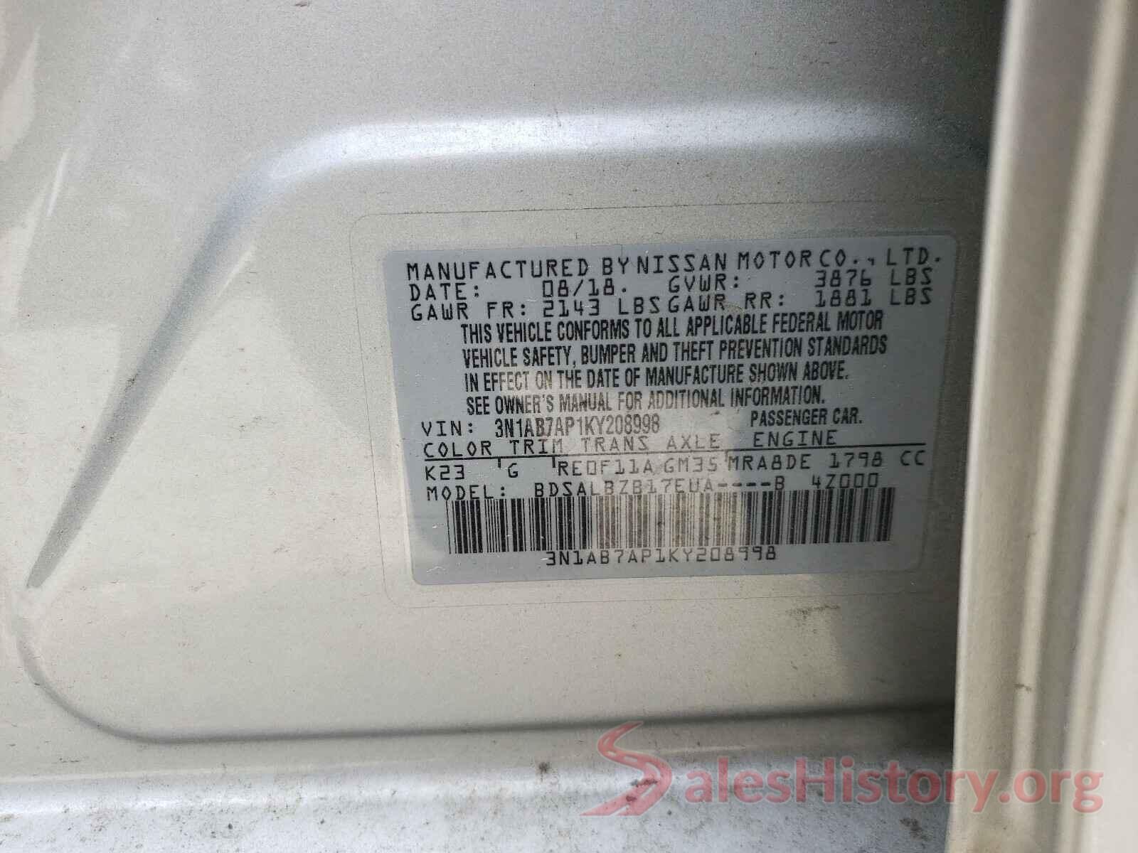 3N1AB7AP1KY208998 2019 NISSAN SENTRA