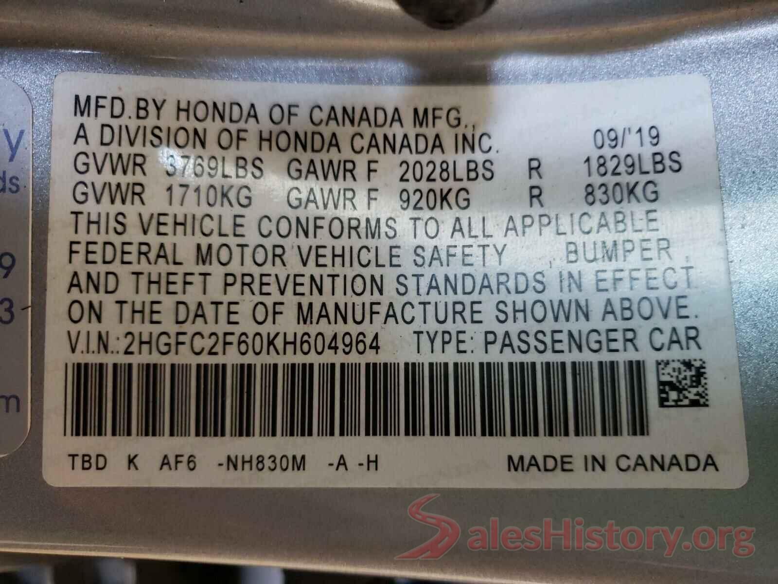 2HGFC2F60KH604964 2019 HONDA CIVIC