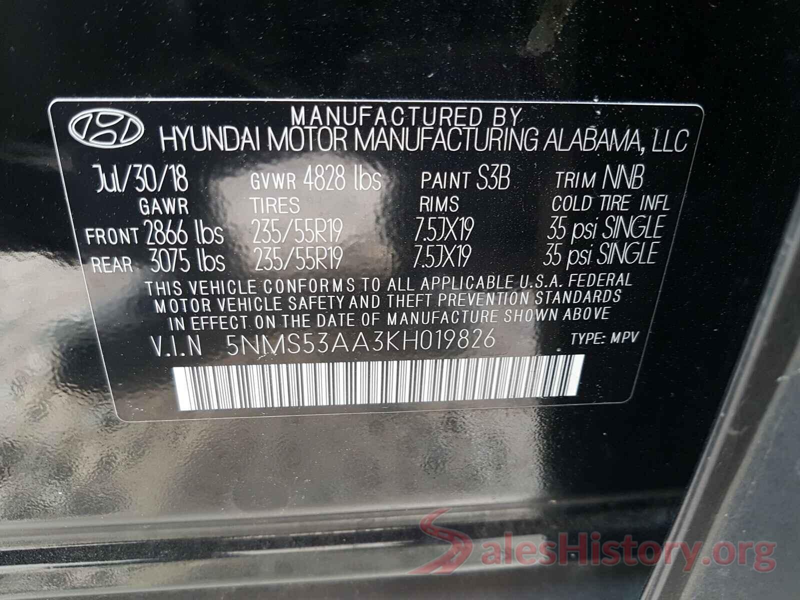 5NMS53AA3KH019826 2019 HYUNDAI SANTA FE