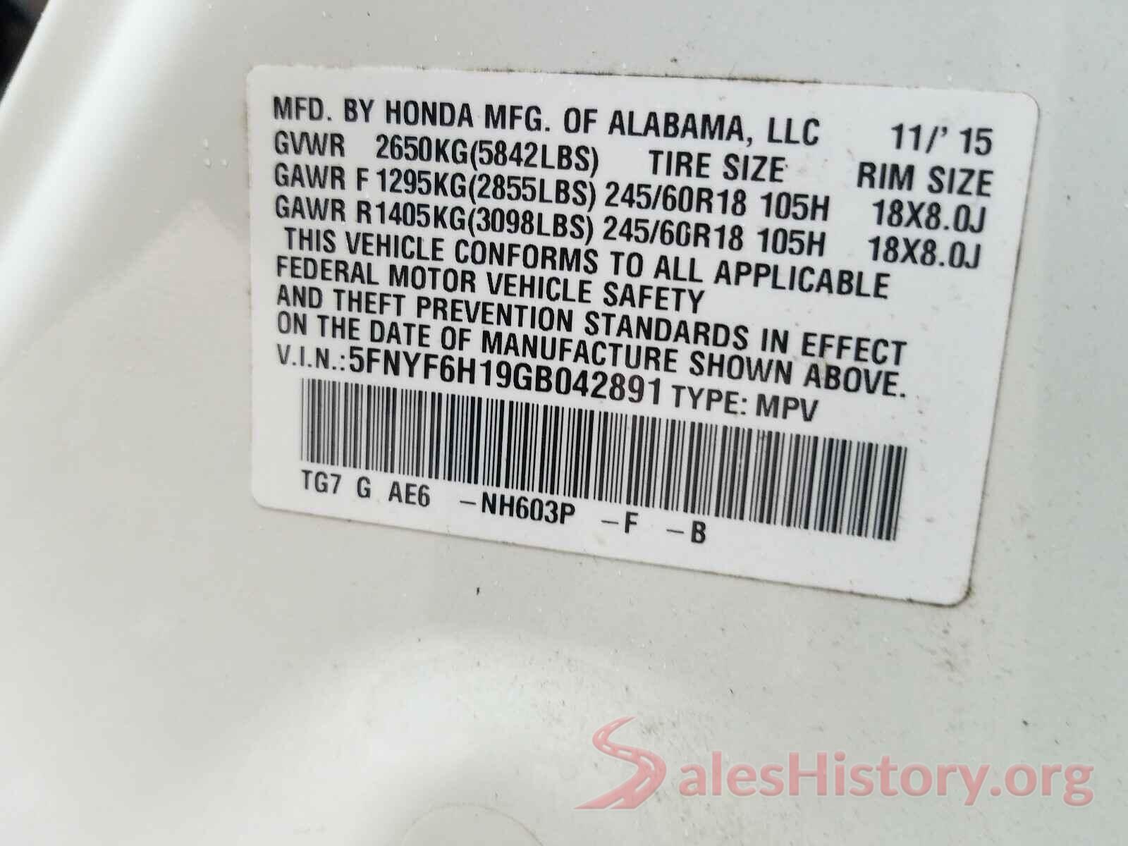 5FNYF6H19GB042891 2016 HONDA PILOT