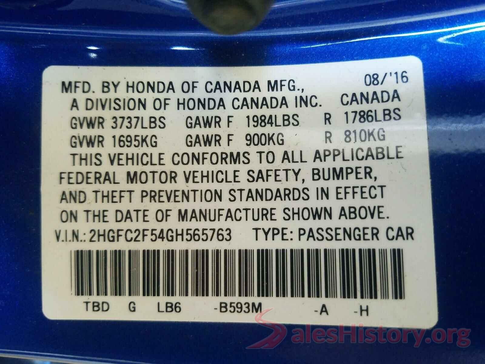 2HGFC2F54GH565763 2016 HONDA CIVIC