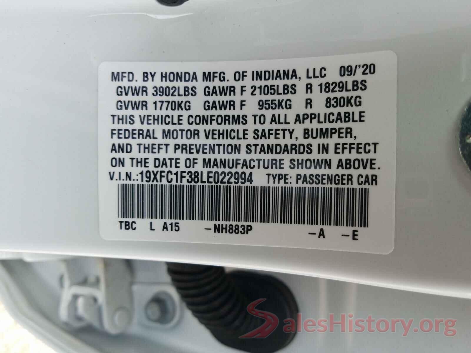 19XFC1F38LE022994 2020 HONDA CIVIC