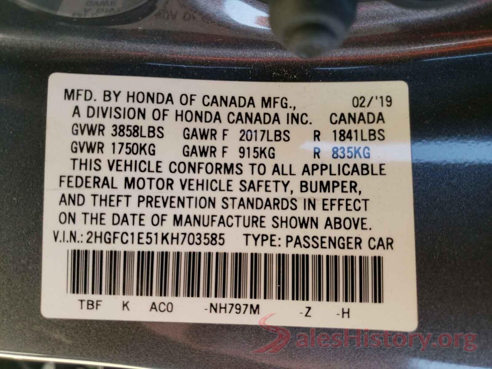 2HGFC1E51KH703585 2019 HONDA CIVIC