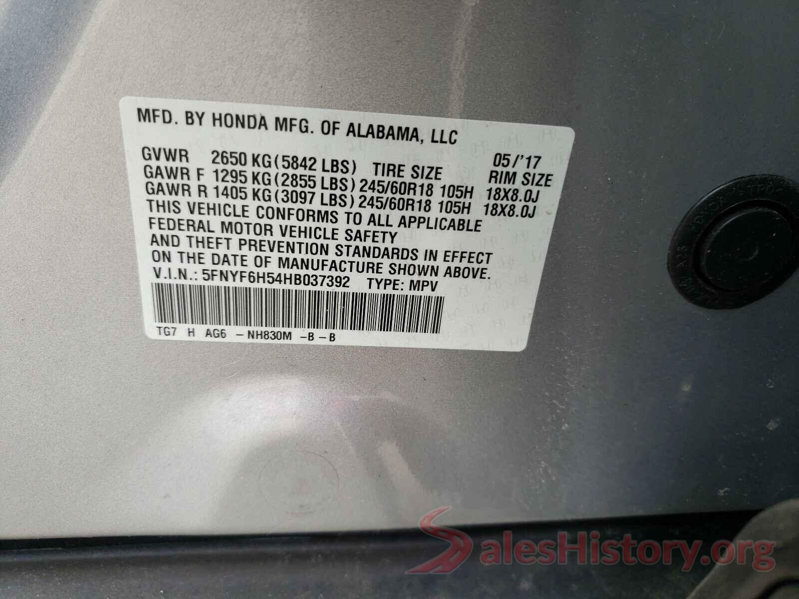 5FNYF6H54HB037392 2017 HONDA PILOT