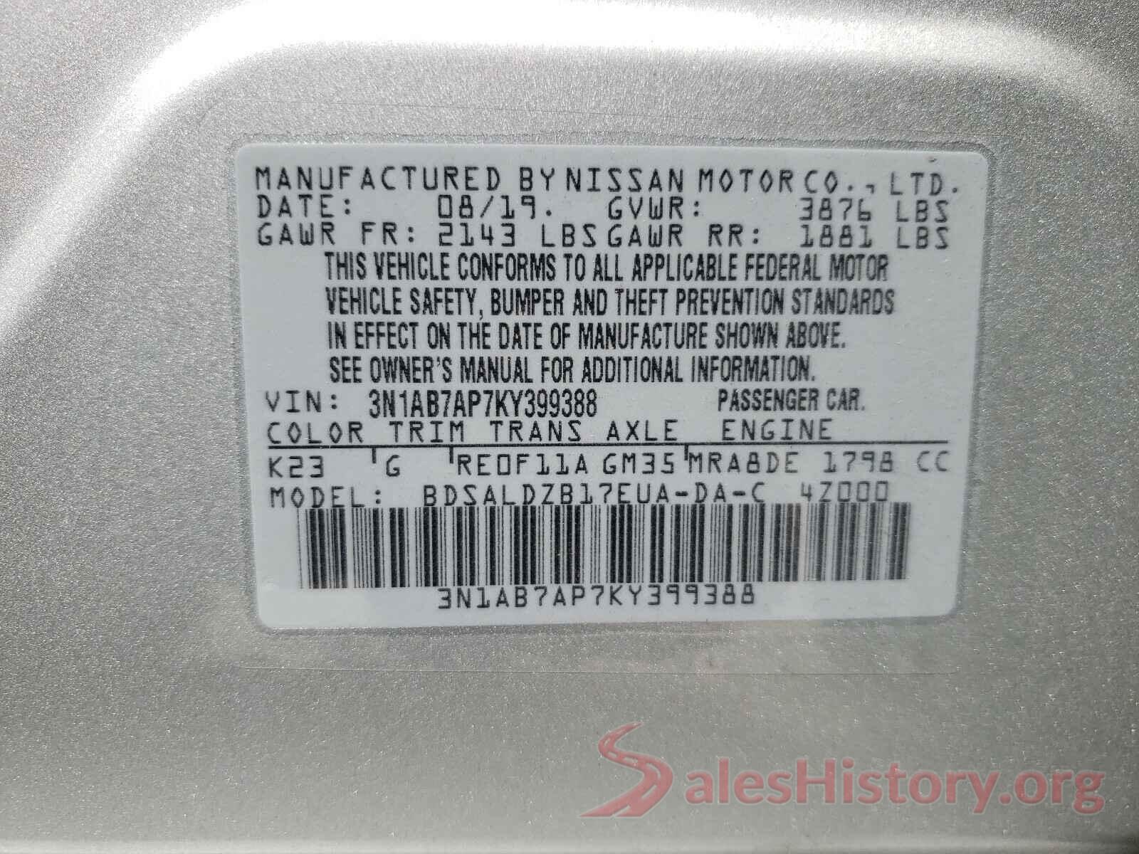 3N1AB7AP7KY399388 2019 NISSAN SENTRA