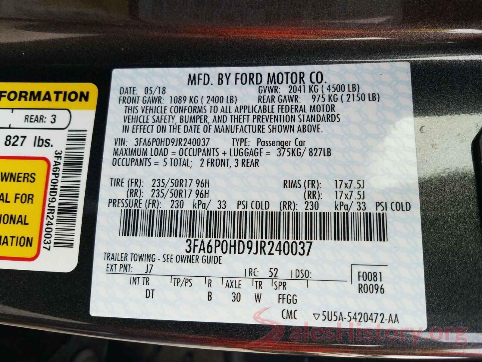 3FA6P0HD9JR240037 2018 FORD FUSION