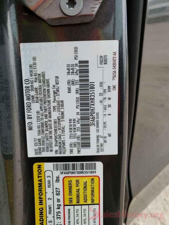 3FA6P0H7XHR351801 2017 FORD FUSION