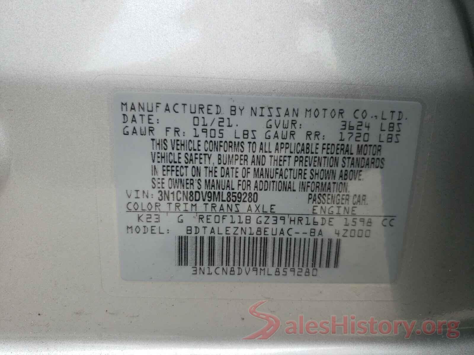 3N1CN8DV9ML859280 2021 NISSAN VERSA