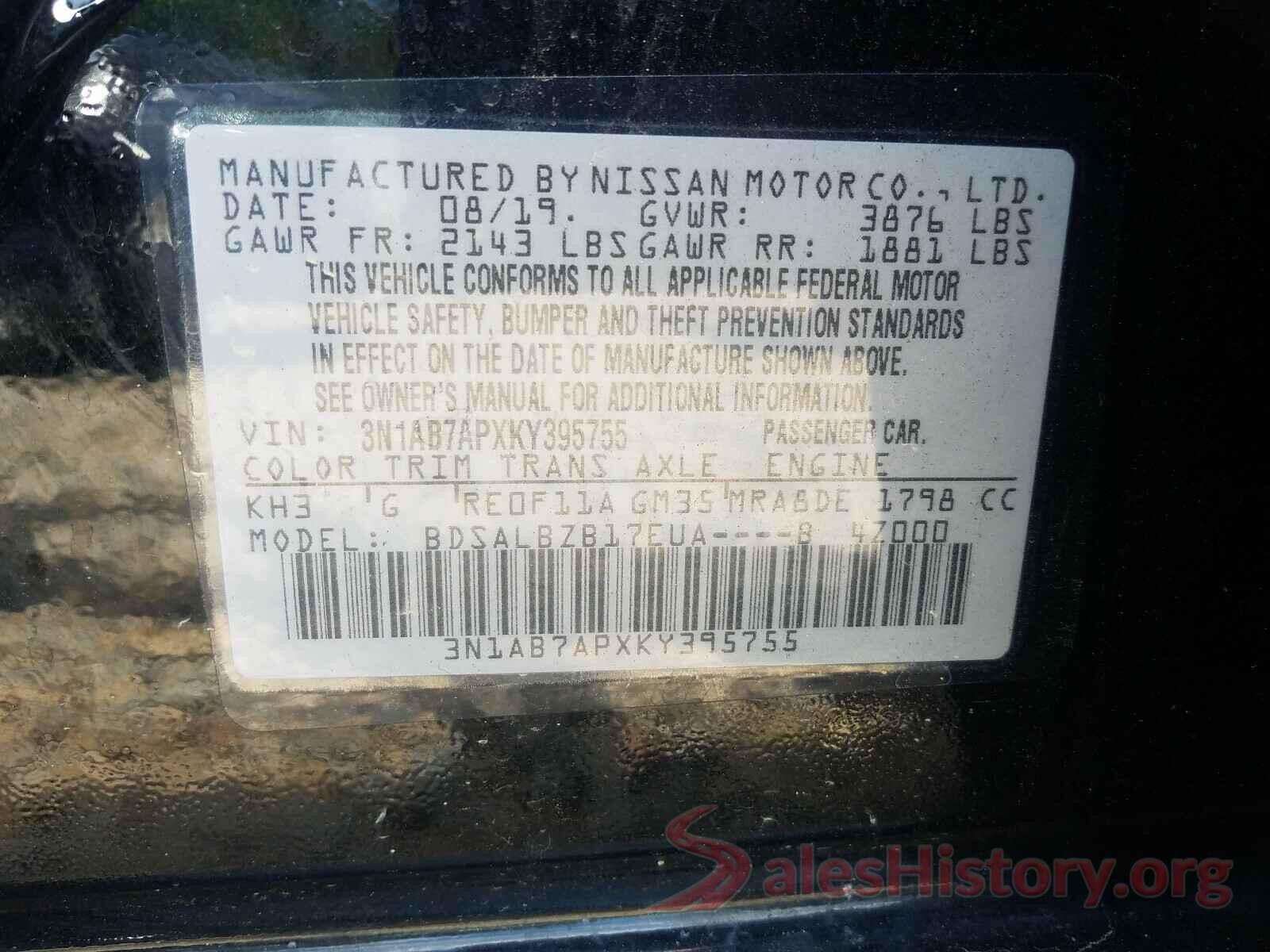 3N1AB7APXKY395755 2019 NISSAN SENTRA