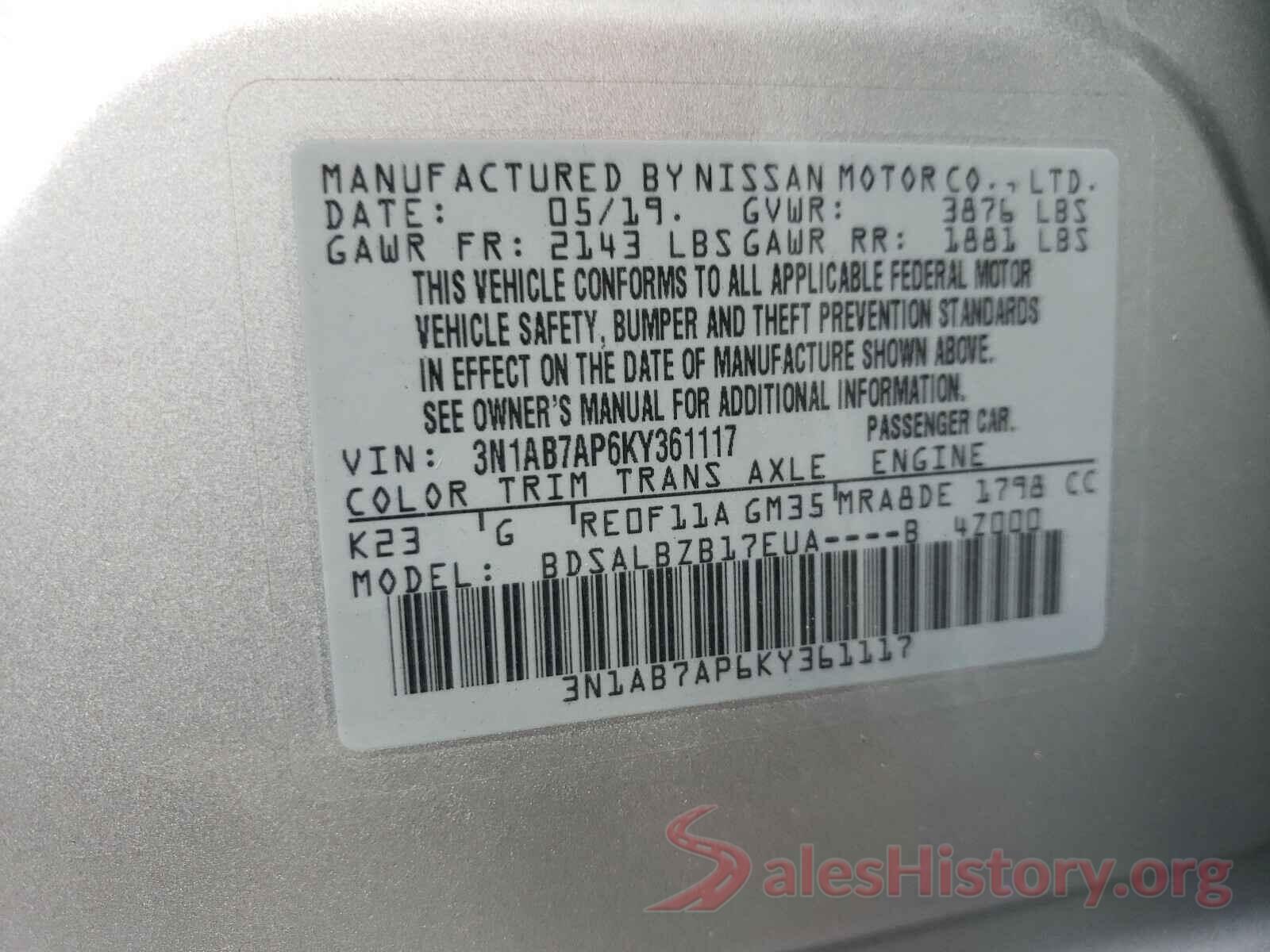 3N1AB7AP6KY361117 2019 NISSAN SENTRA