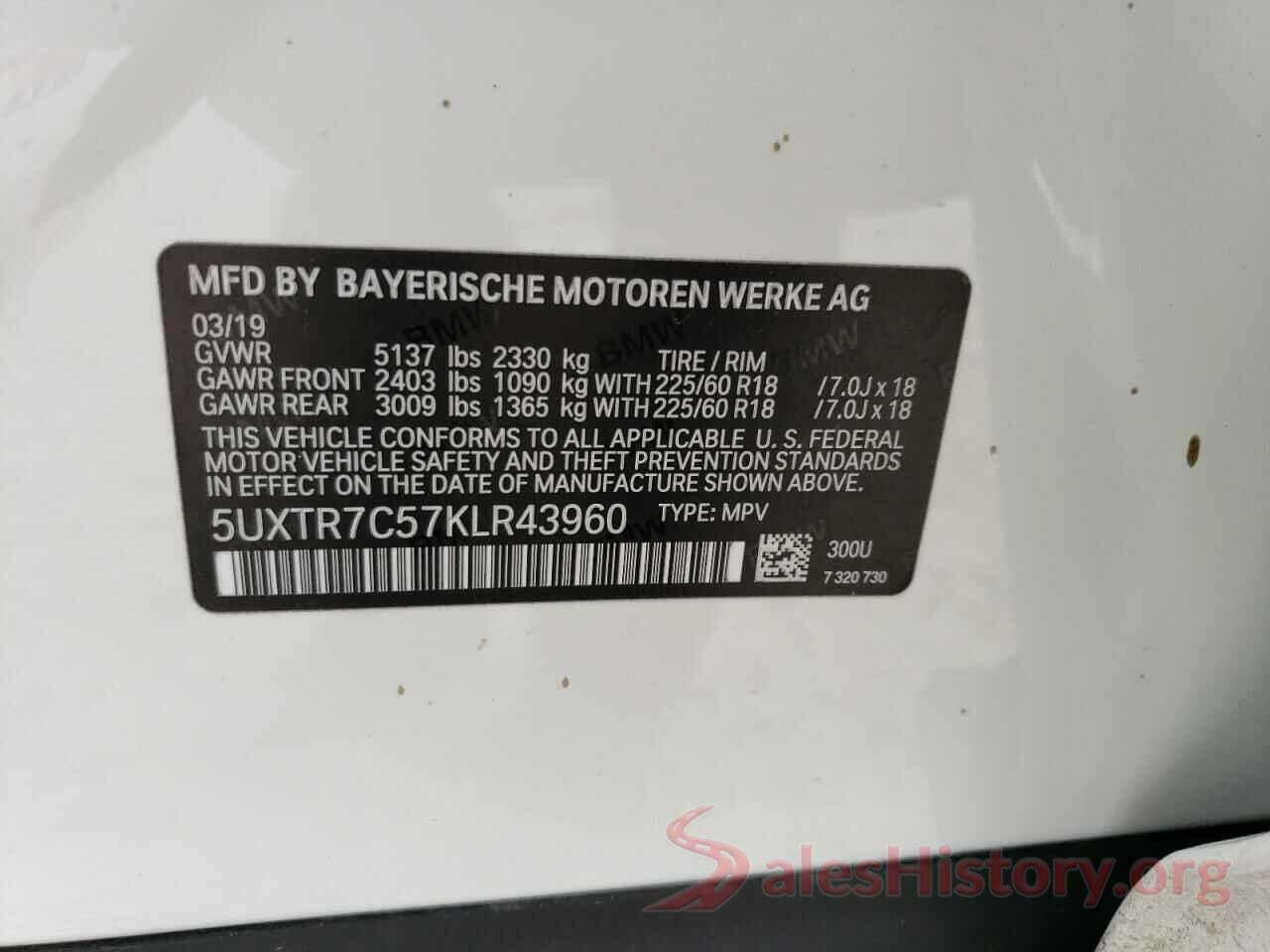 5UXTR7C57KLR43960 2019 BMW X3