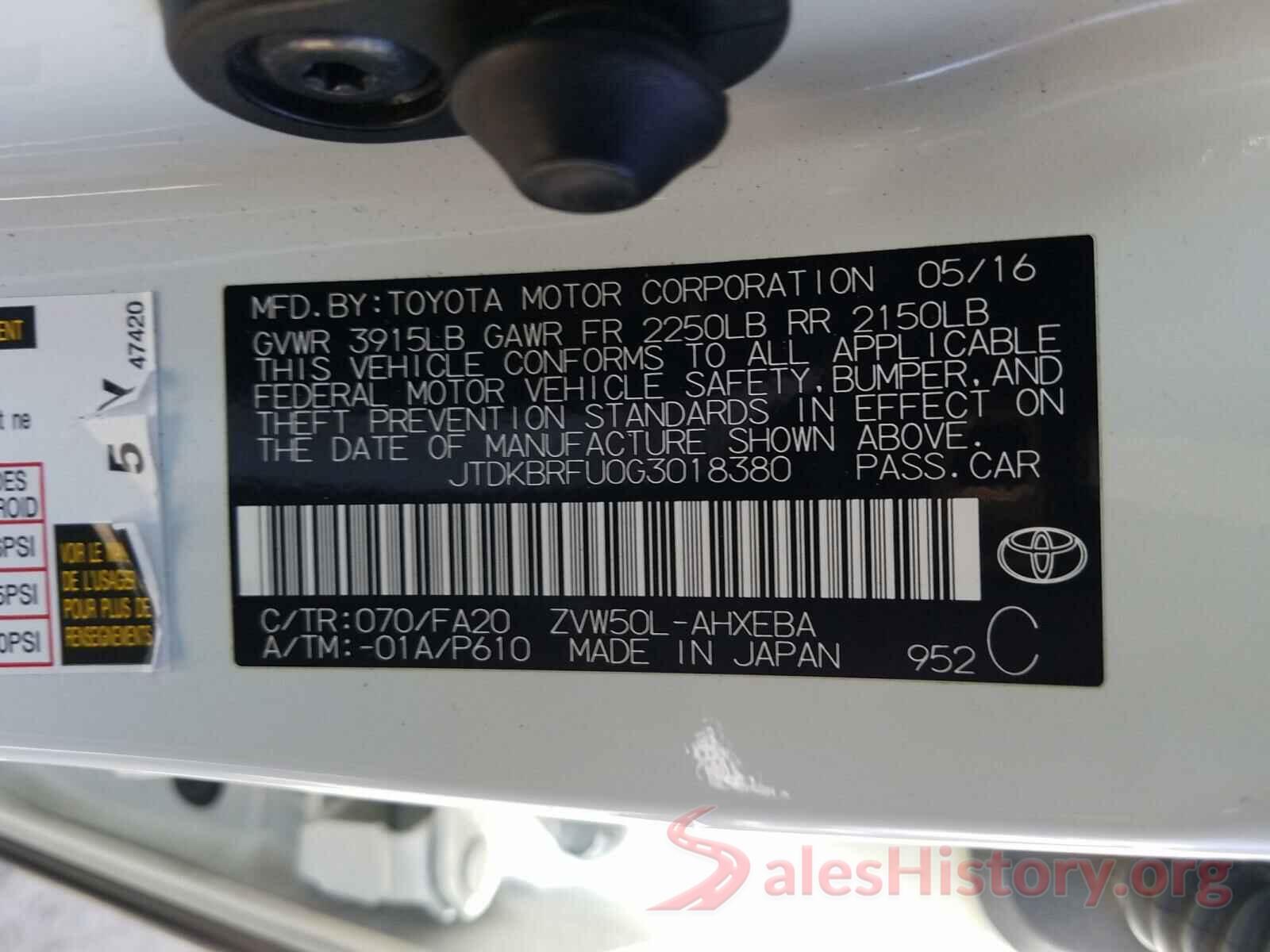 JTDKBRFU0G3018380 2016 TOYOTA PRIUS