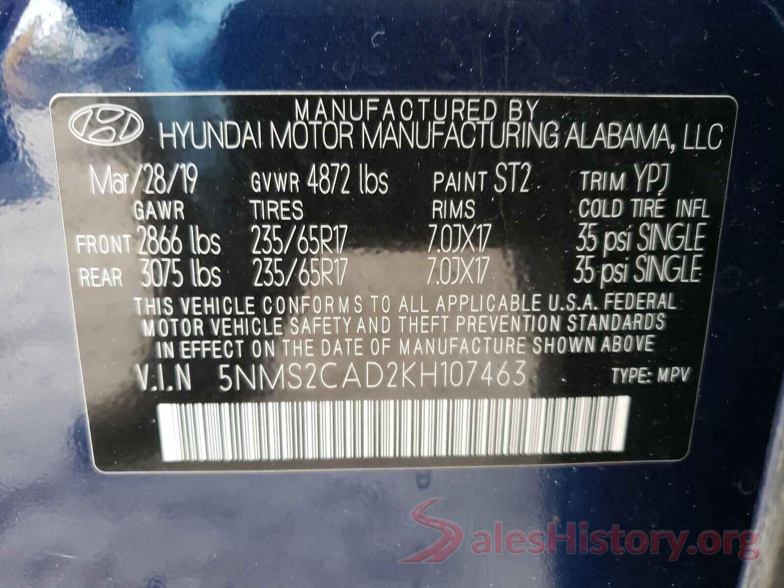 5NMS2CAD2KH107463 2019 HYUNDAI SANTA FE