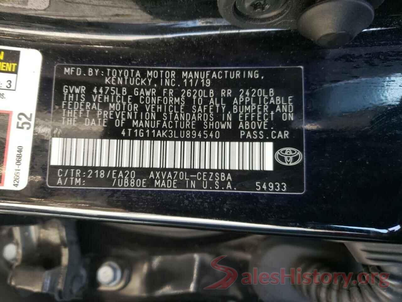 4T1G11AK3LU894540 2020 TOYOTA CAMRY