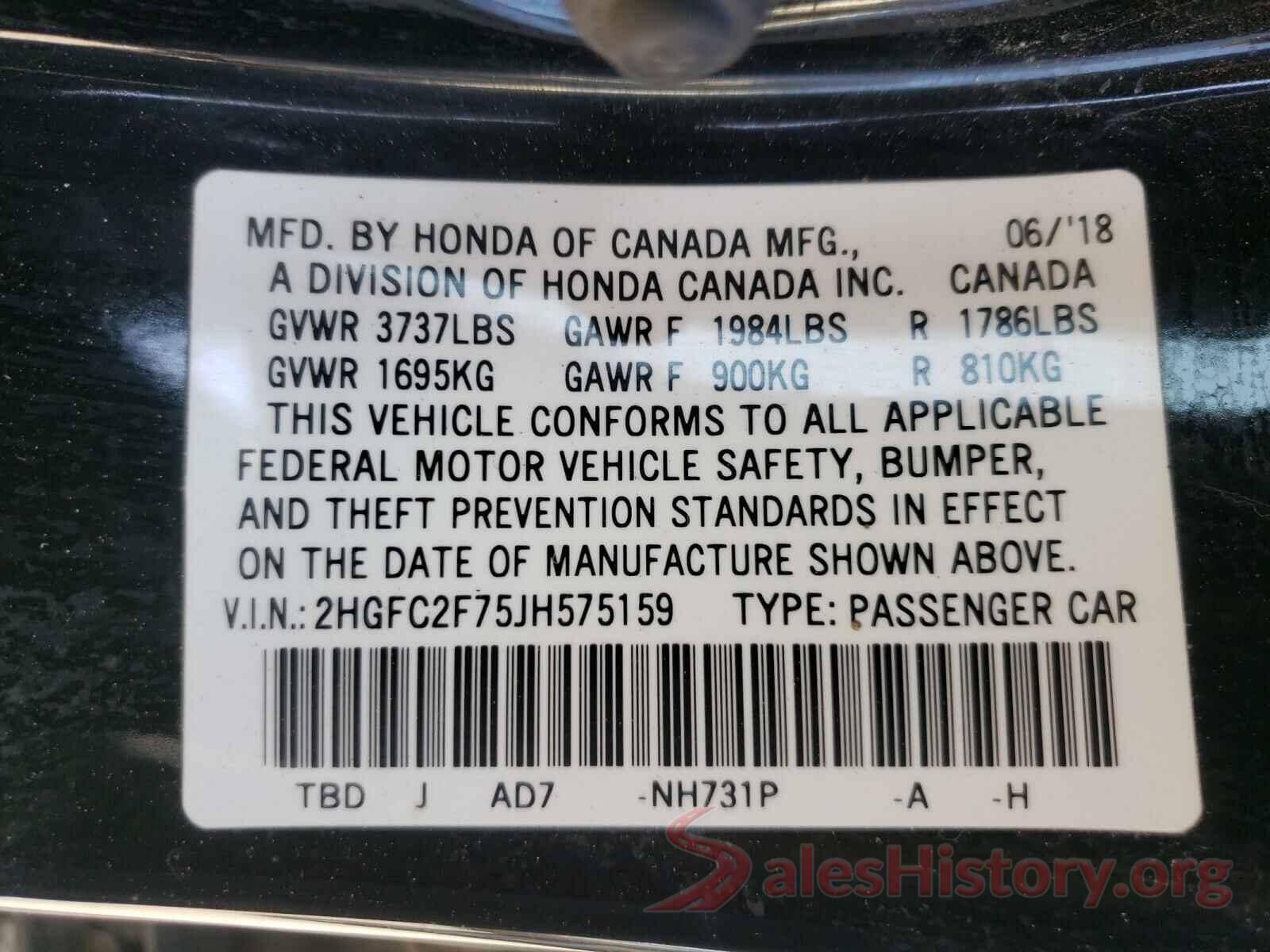 2HGFC2F75JH575159 2018 HONDA CIVIC