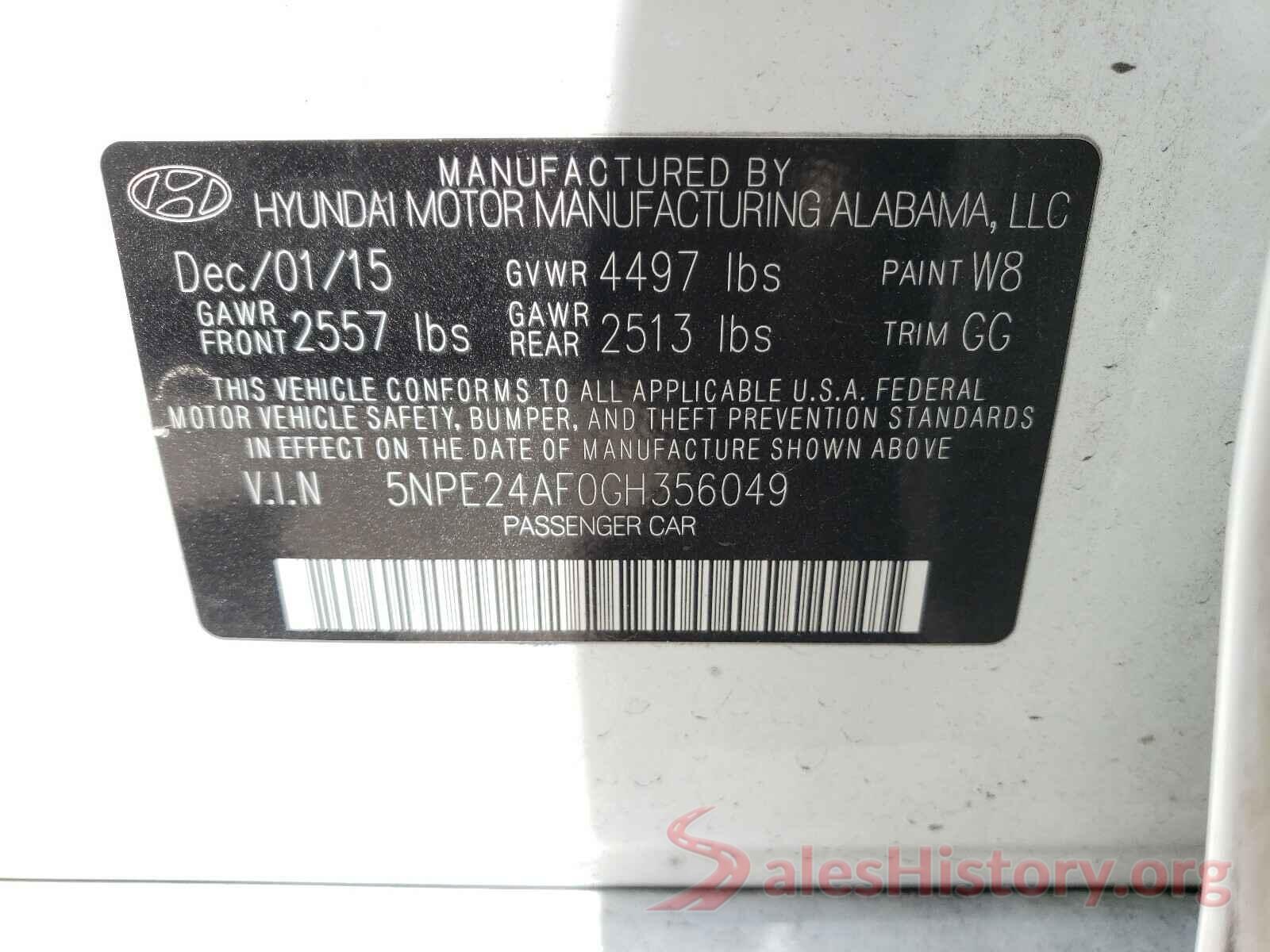 5NPE24AF0GH356049 2016 HYUNDAI SONATA