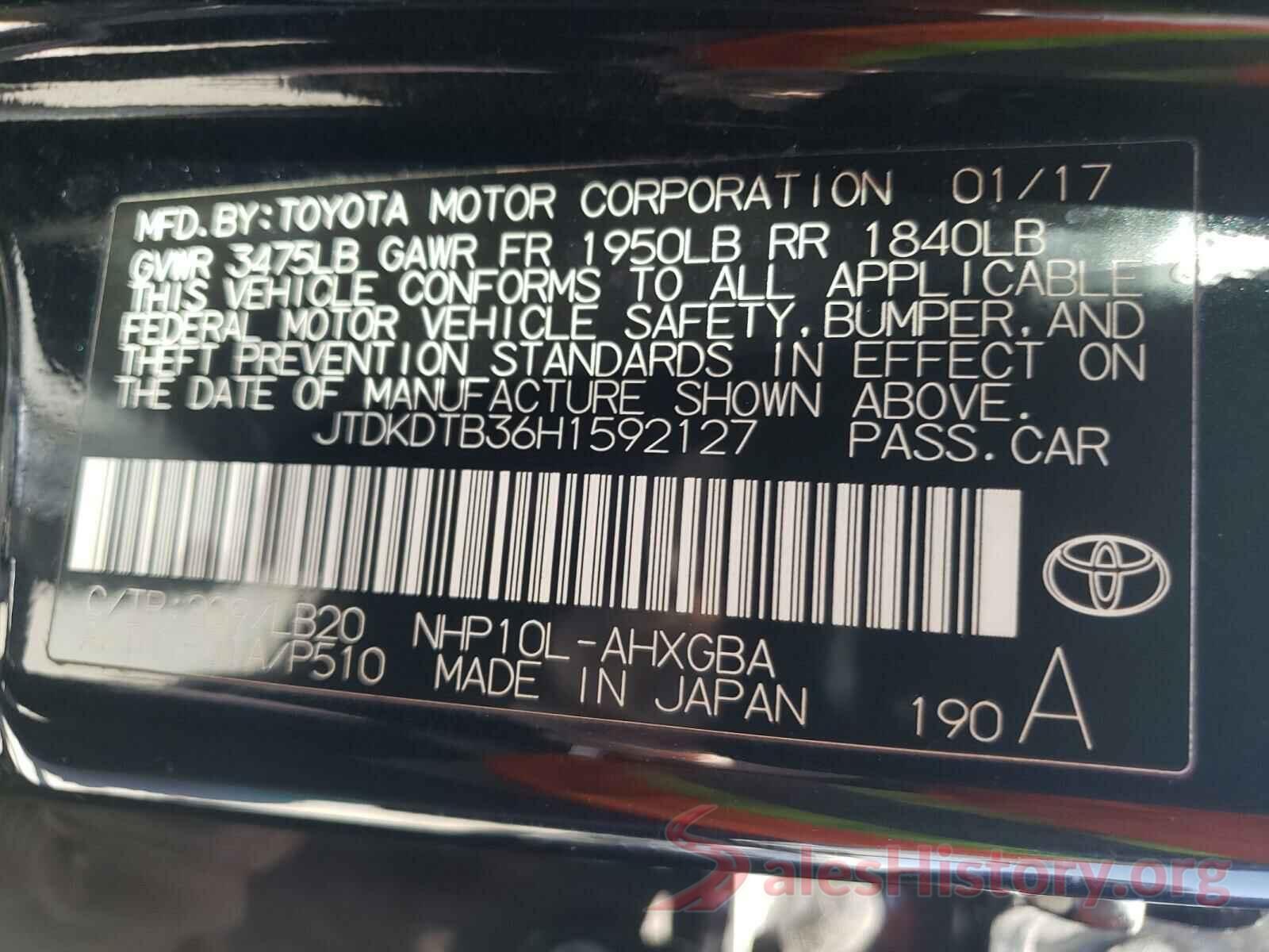 JTDKDTB36H1592127 2017 TOYOTA PRIUS