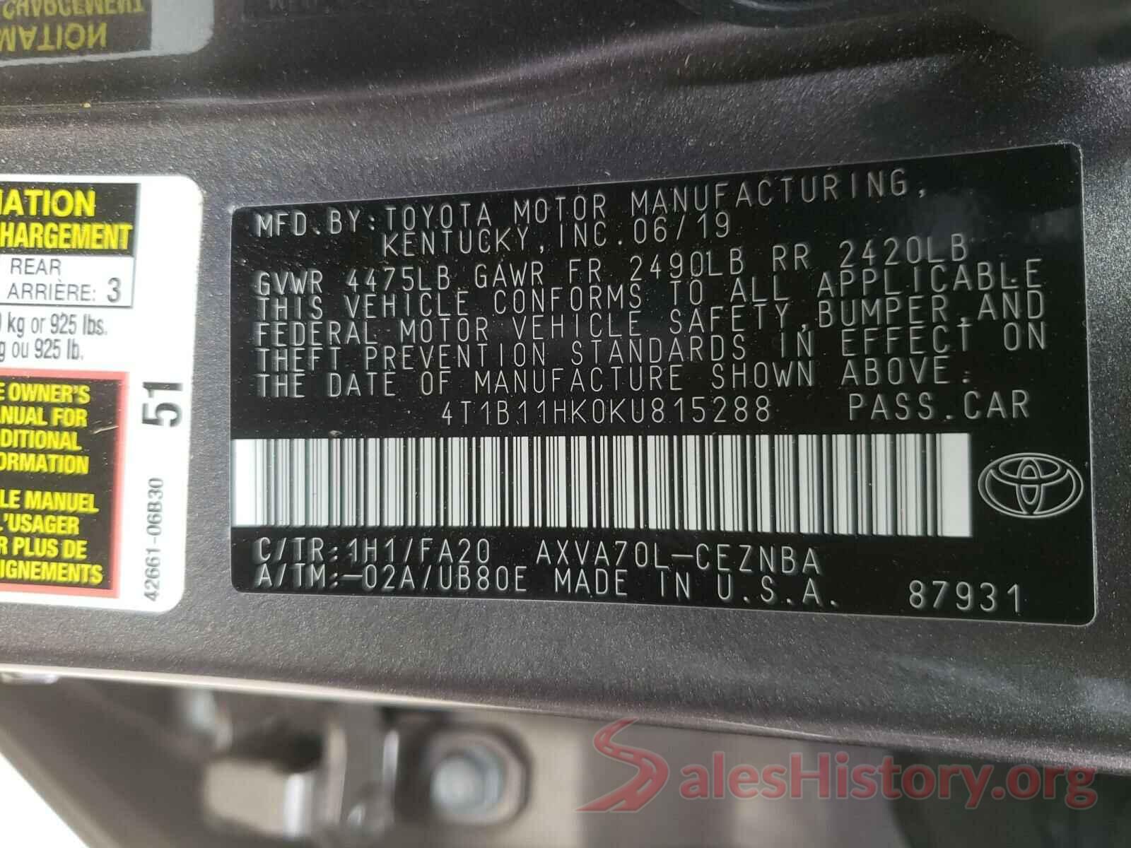 4T1B11HK0KU815288 2019 TOYOTA CAMRY