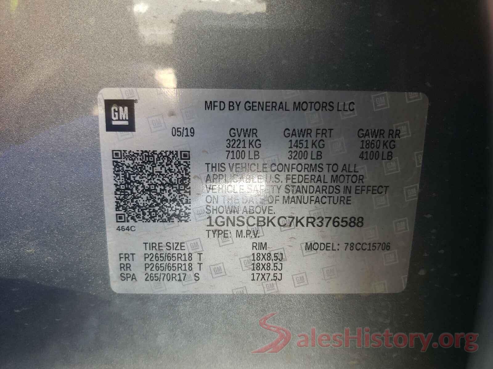 1GNSCBKC7KR376588 2019 CHEVROLET TAHOE