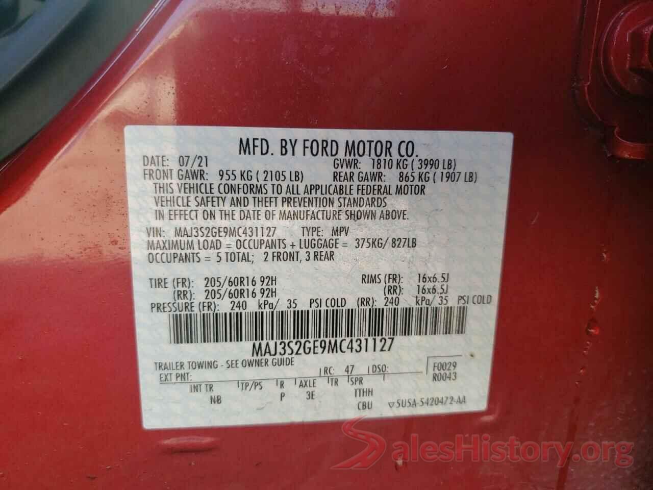 MAJ3S2GE9MC431127 2021 FORD ECOSPORT