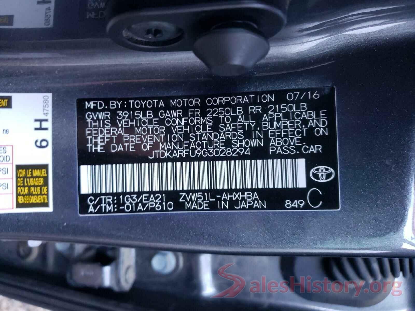 JTDKARFU9G3028294 2016 TOYOTA PRIUS