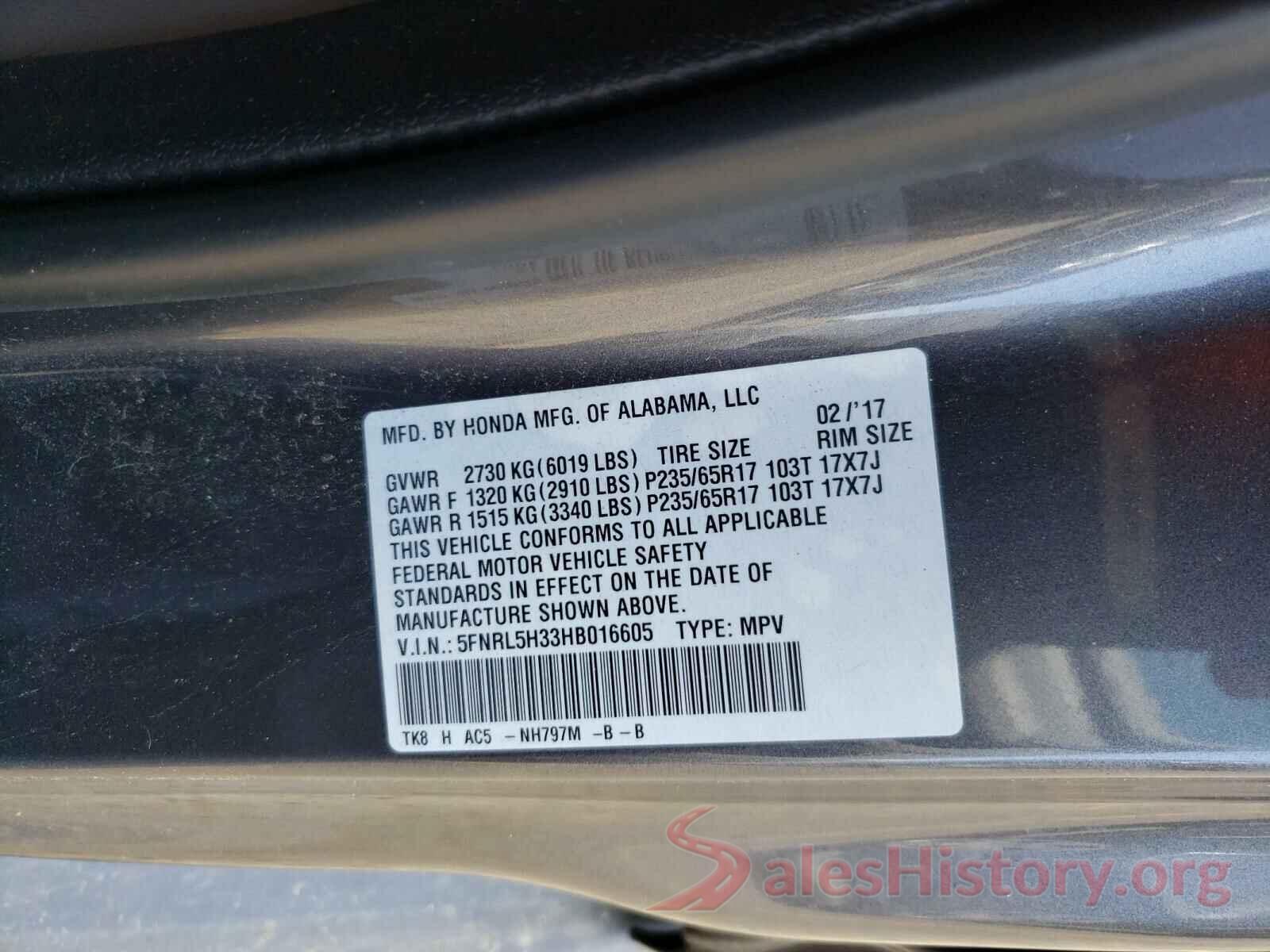 5FNRL5H33HB016605 2017 HONDA ODYSSEY