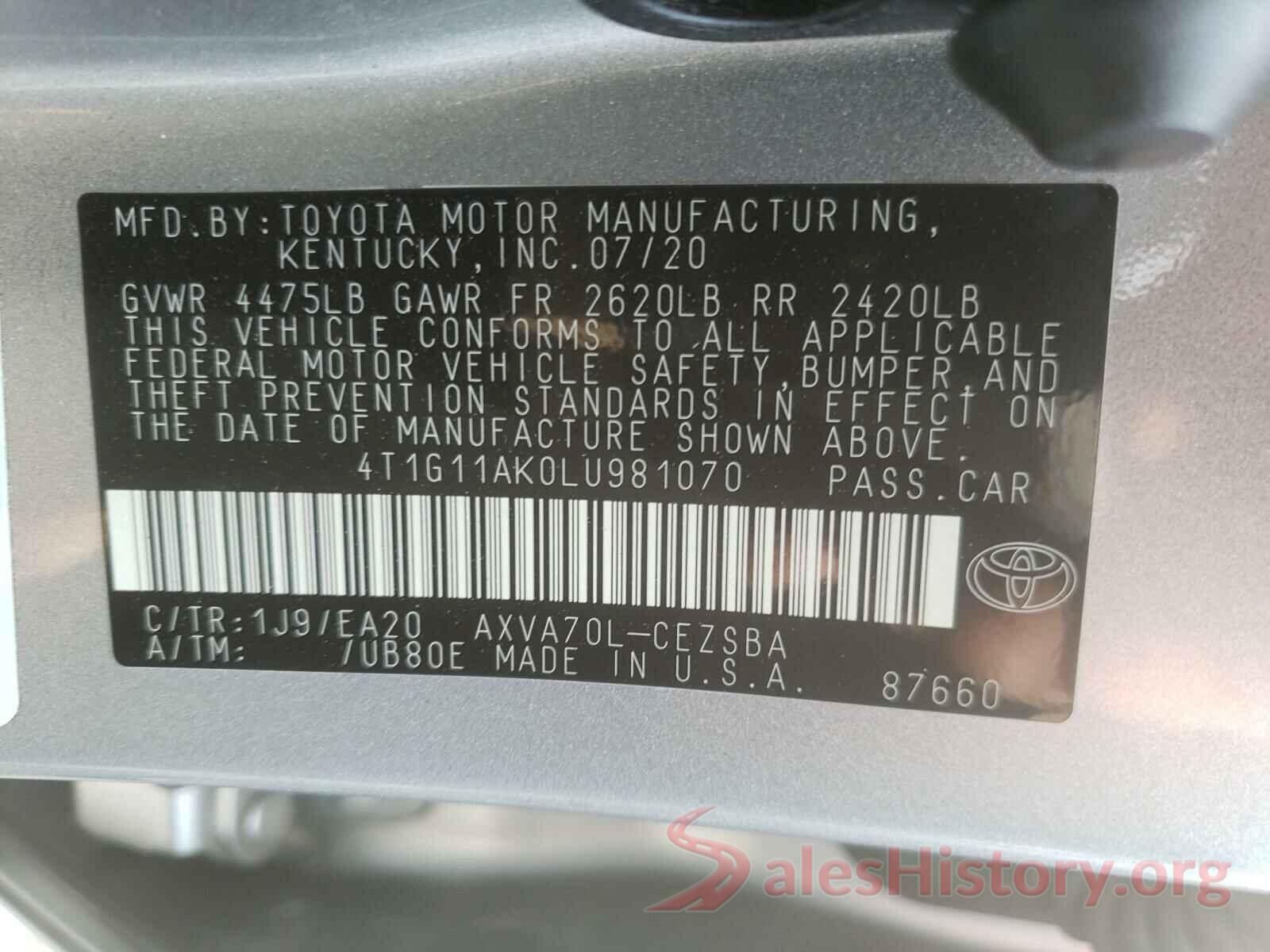 4T1G11AK0LU981070 2020 TOYOTA CAMRY