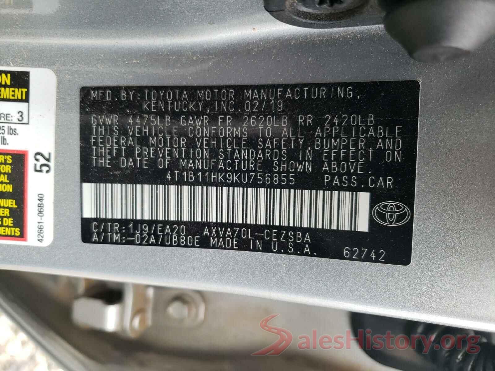 4T1B11HK9KU756855 2019 TOYOTA CAMRY