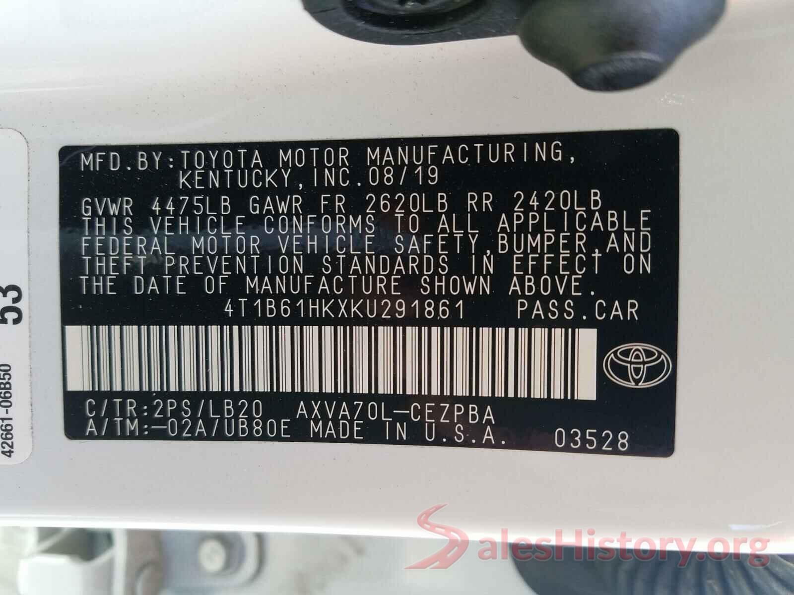 4T1B61HKXKU291861 2019 TOYOTA CAMRY