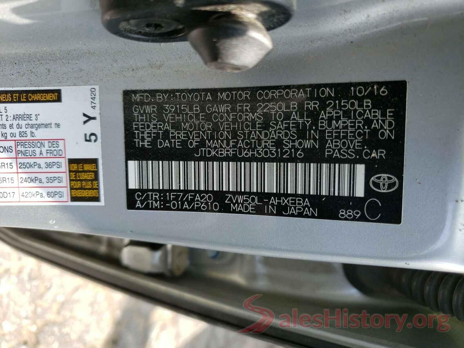 JTDKBRFU6H3031216 2017 TOYOTA PRIUS