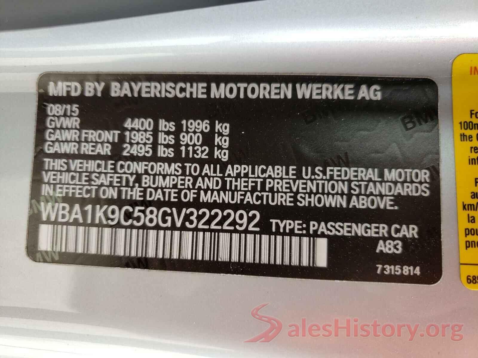 WBA1K9C58GV322292 2016 BMW 2 SERIES