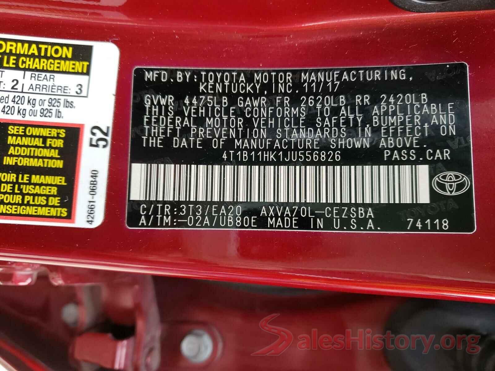 4T1B11HK1JU556826 2018 TOYOTA CAMRY