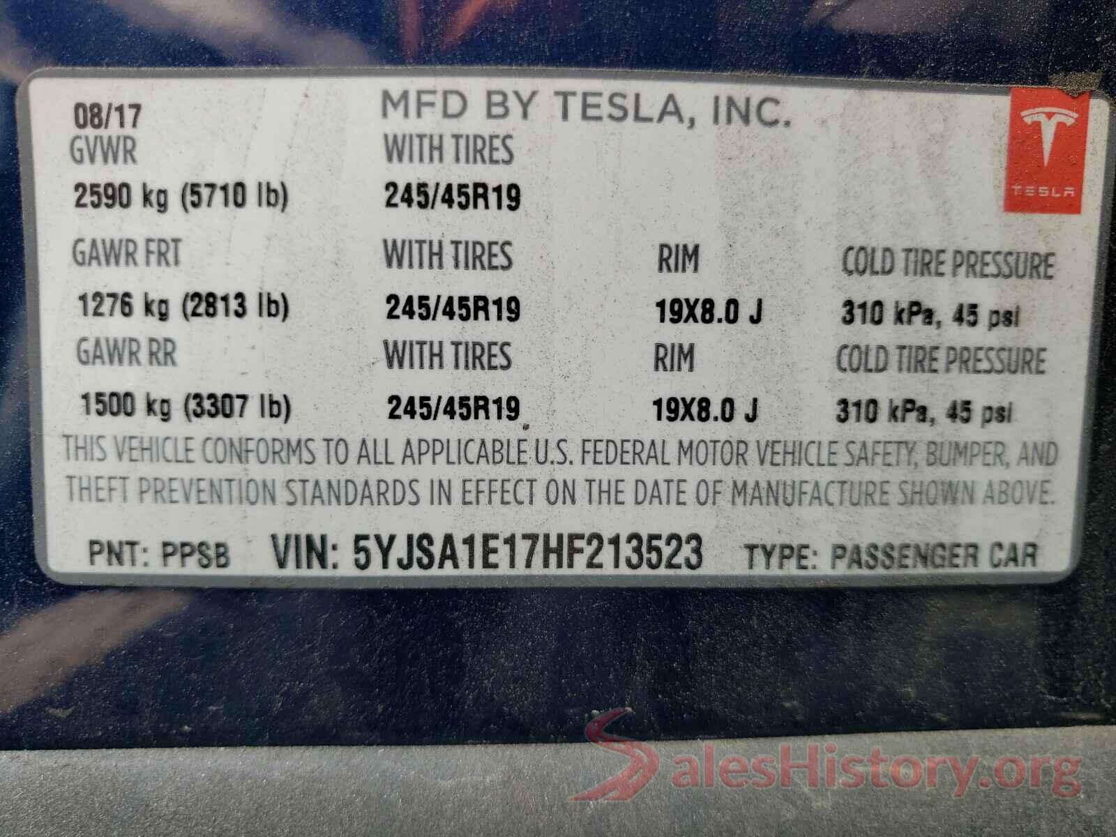 5YJSA1E17HF213523 2017 TESLA MODEL S