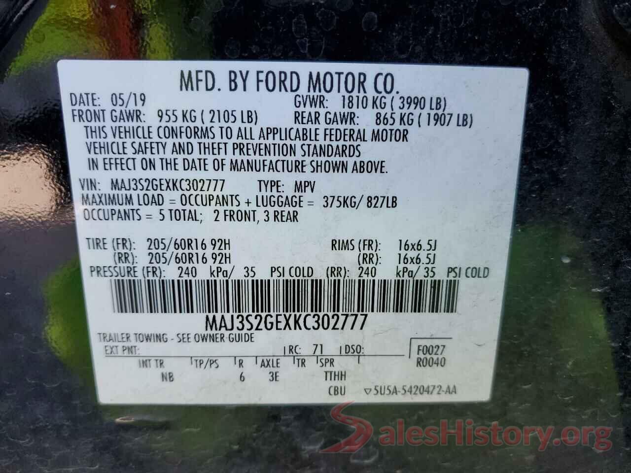 MAJ3S2GEXKC302777 2019 FORD ECOSPORT