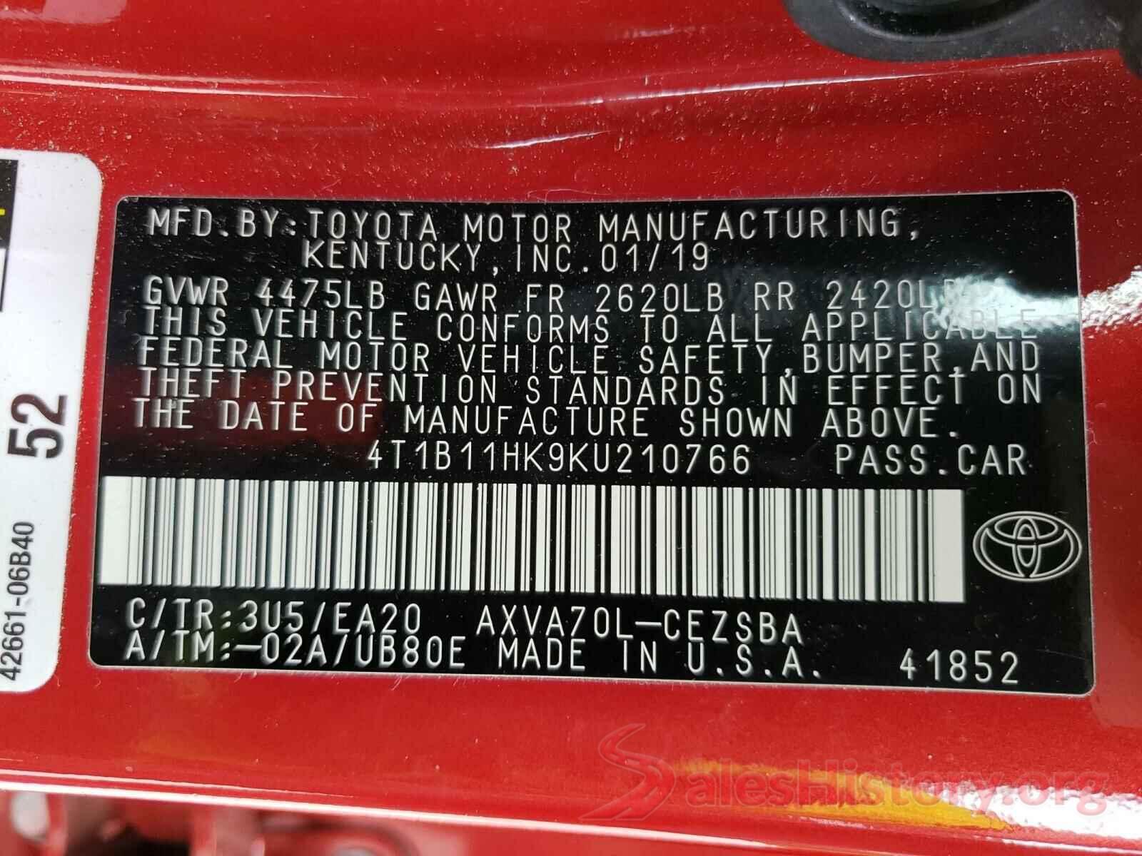 4T1B11HK9KU210766 2019 TOYOTA CAMRY