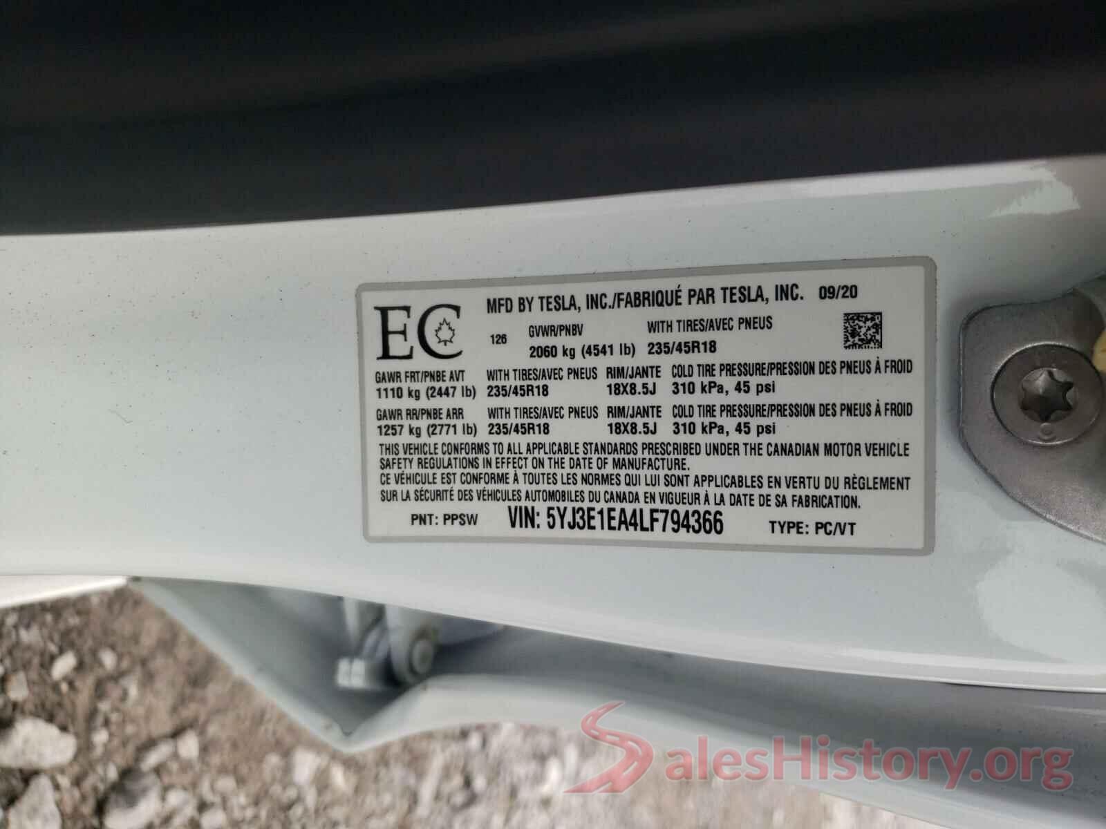 5YJ3E1EA4LF794366 2020 TESLA MODEL 3