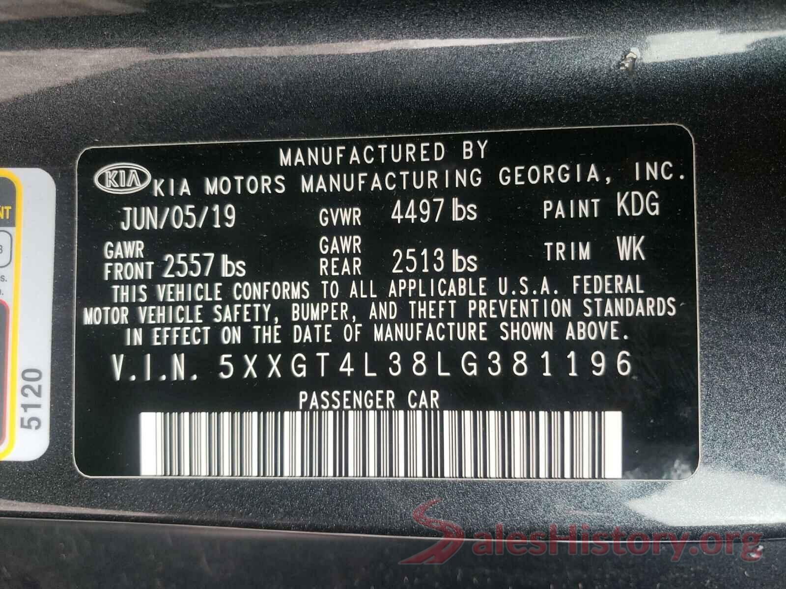 5XXGT4L38LG381196 2020 KIA OPTIMA