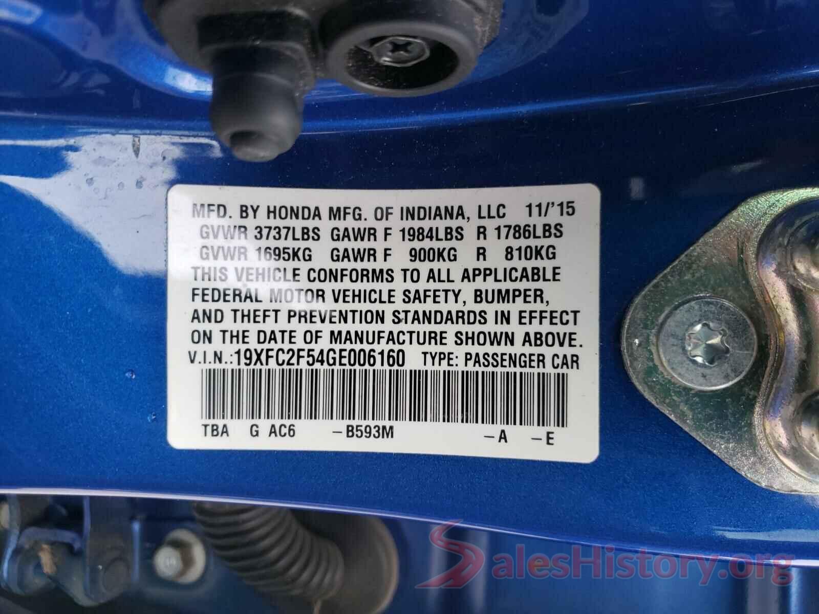 19XFC2F54GE006160 2016 HONDA CIVIC