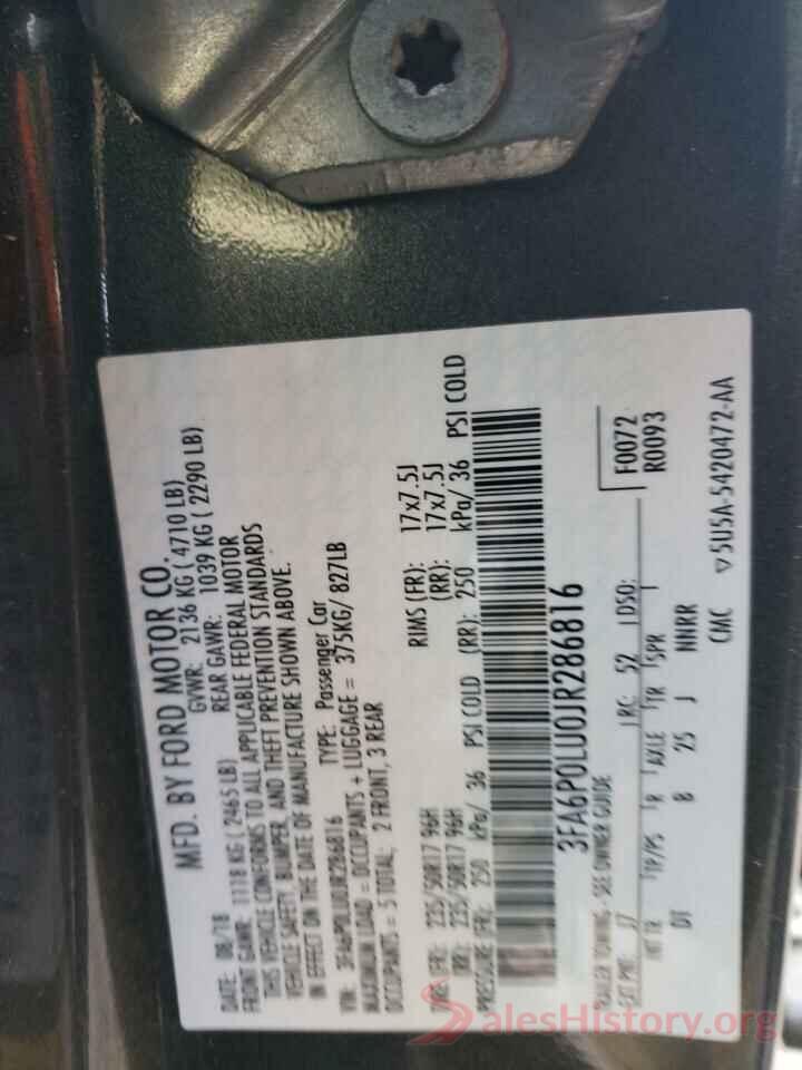 3FA6P0LU0JR286816 2018 FORD FUSION