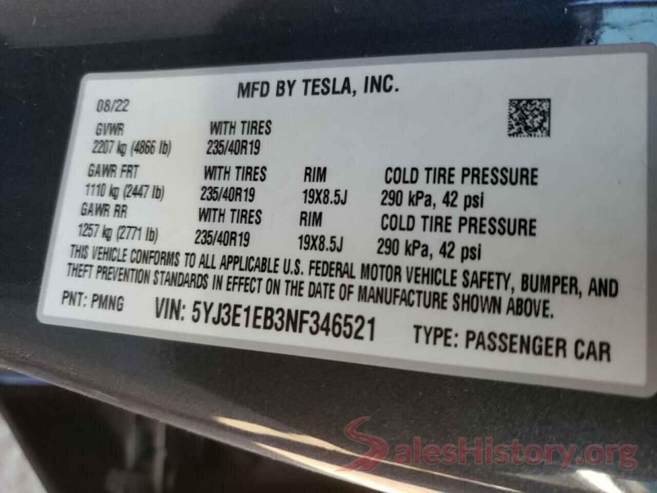 5YJ3E1EB3NF346521 2022 TESLA MODEL 3