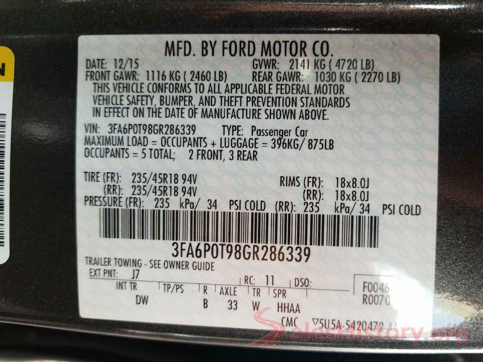 3FA6P0T98GR286339 2016 FORD FUSION