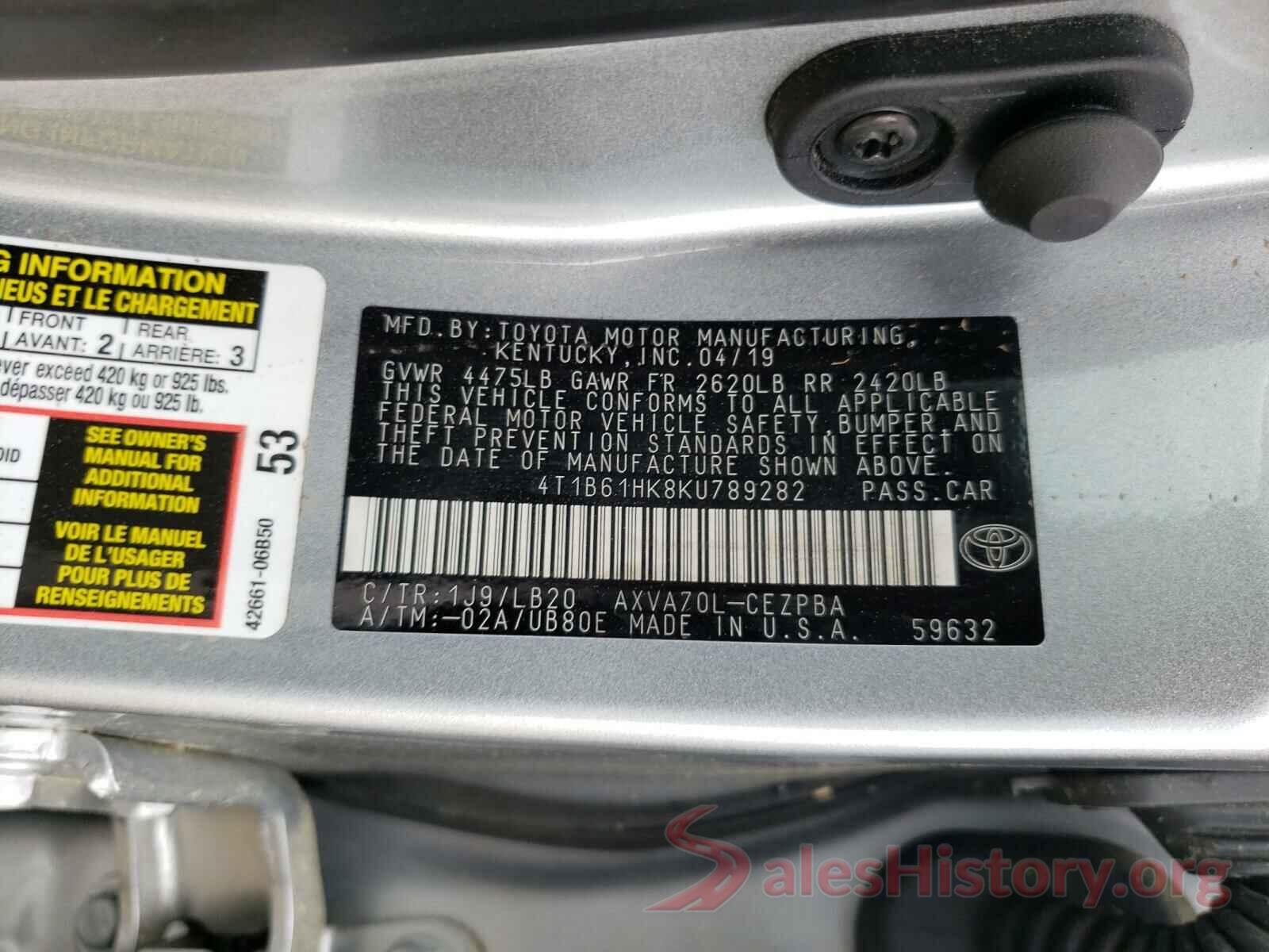 4T1B61HK8KU789282 2019 TOYOTA CAMRY