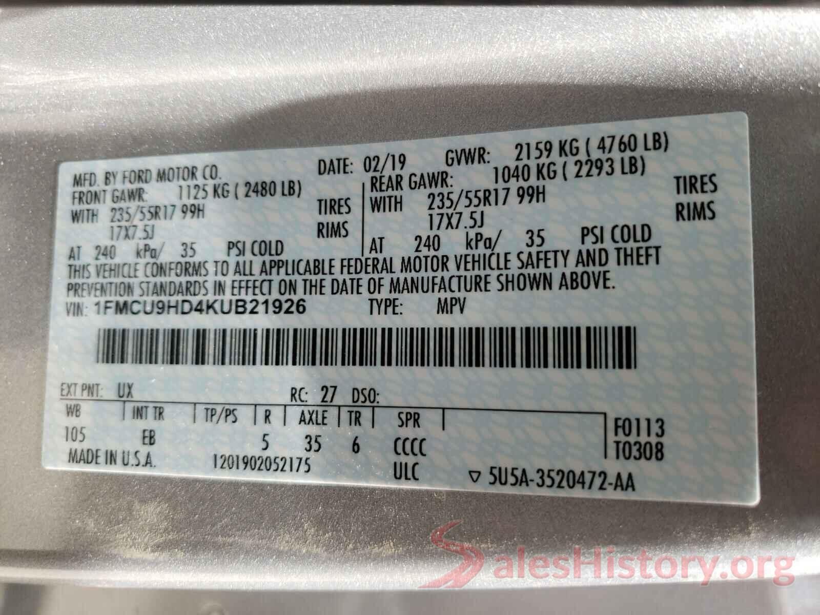 1FMCU9HD4KUB21926 2019 FORD ESCAPE