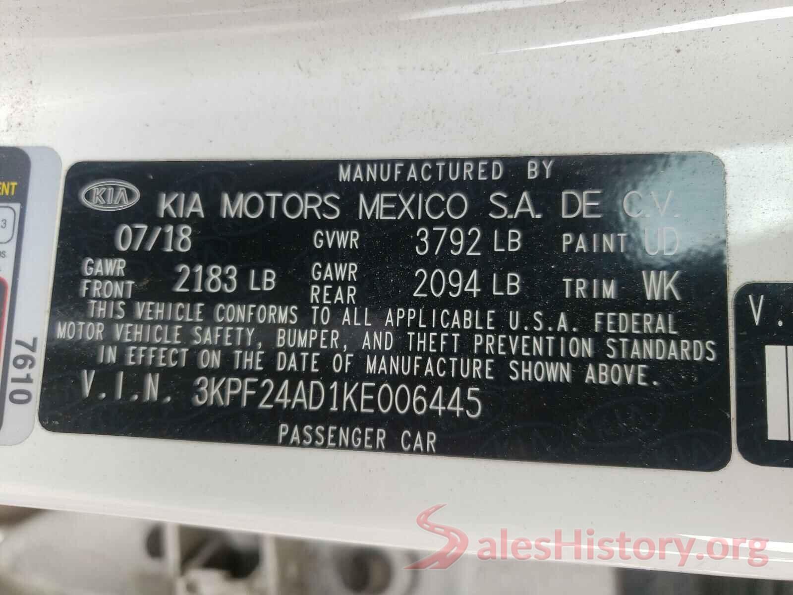 3KPF24AD1KE006445 2019 KIA FORTE