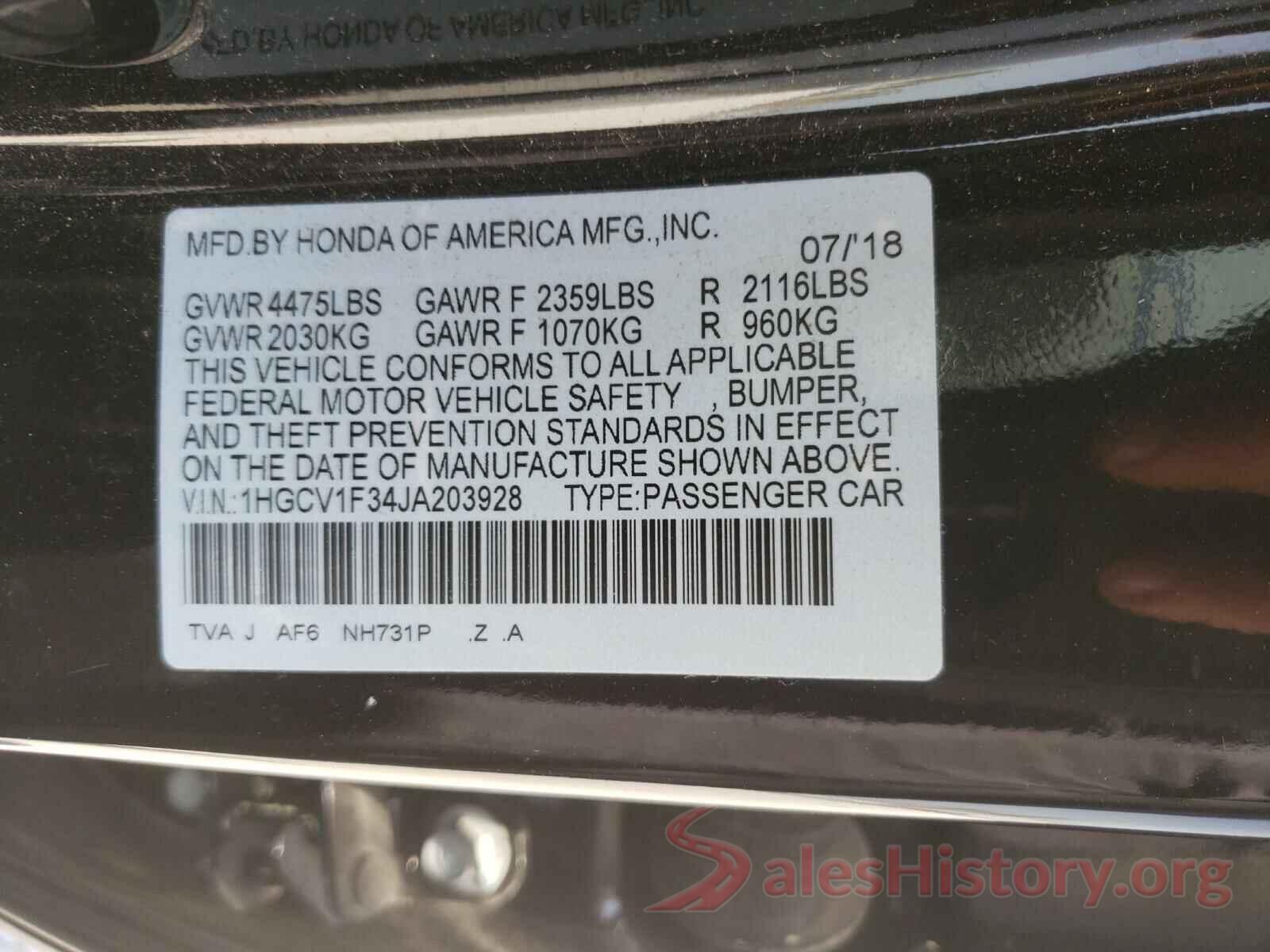 1HGCV1F34JA203928 2018 HONDA ACCORD