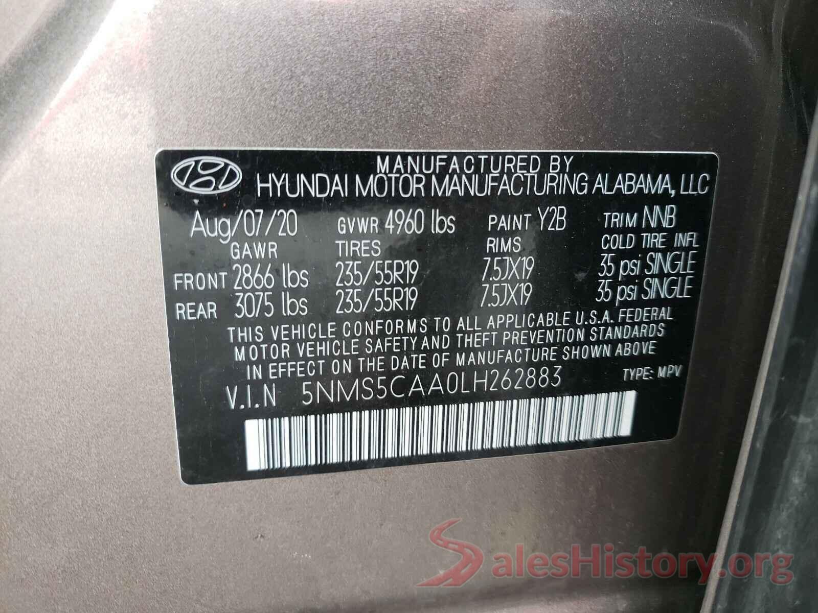 5NMS5CAA0LH262883 2020 HYUNDAI SANTA FE